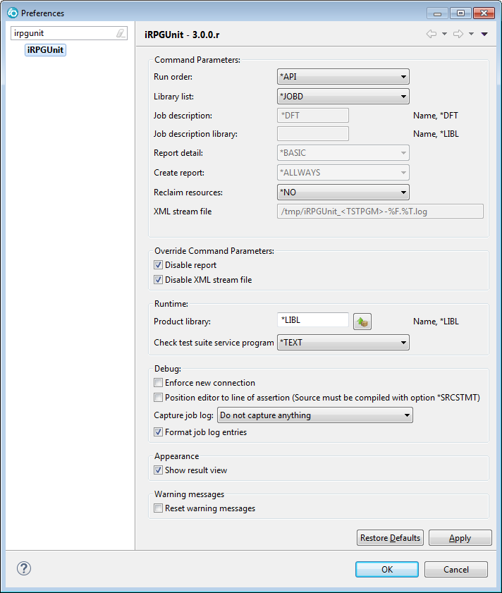 iRPGUnit Preferences
